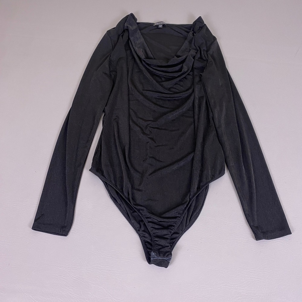 Curvy Sense Bodysuit Womens 1X Plus Size Black Cowl Neck Long Sleeve Snap Bottom